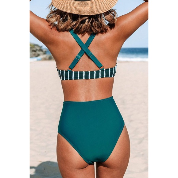 NWT Cupshe Teal White Striped High Waisted Bikini Set Size medium - Picture 3 of 7